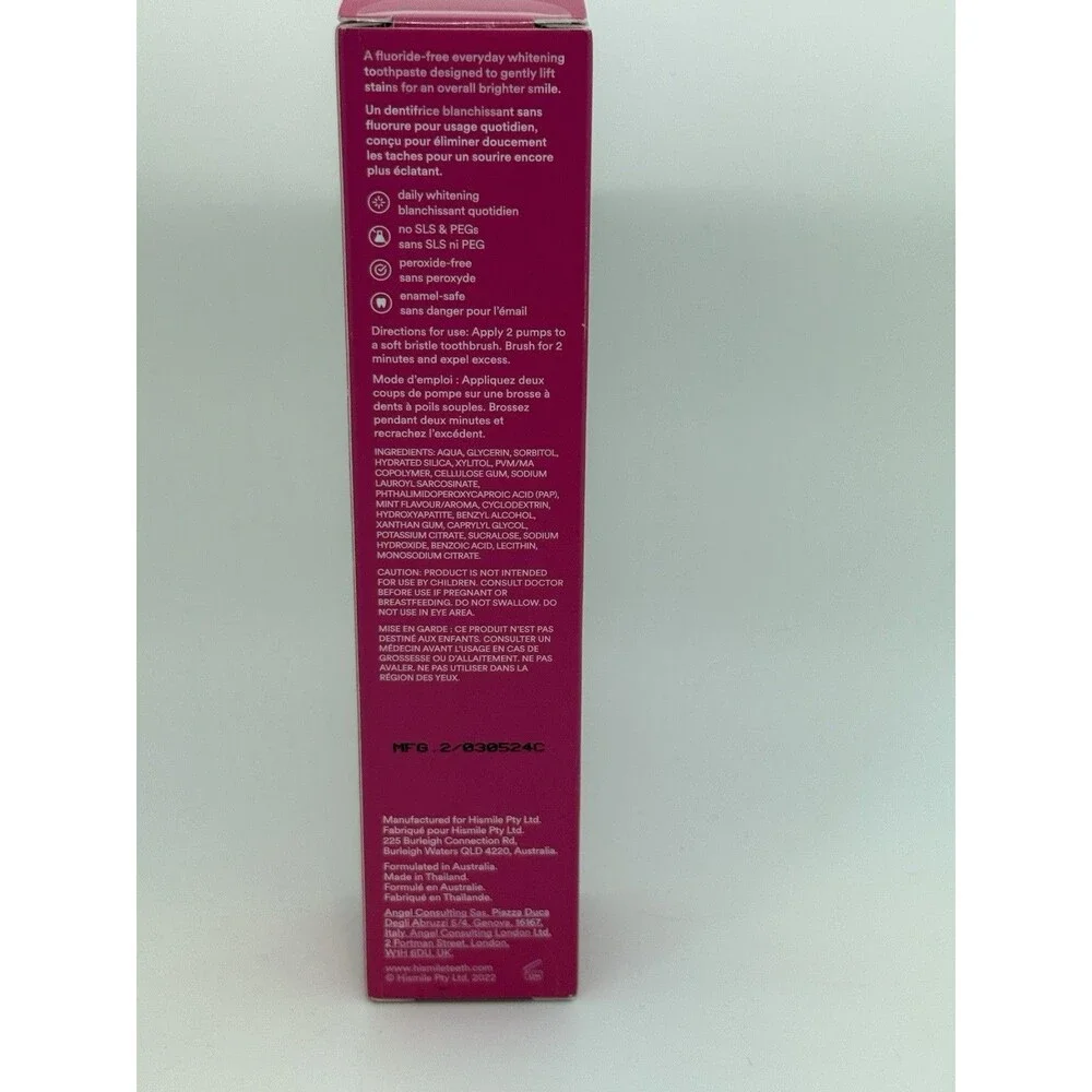 Hismile Teeth Whitening Pap+ Toothpaste 63g e 2.2‎ Oz Fluoride Free New